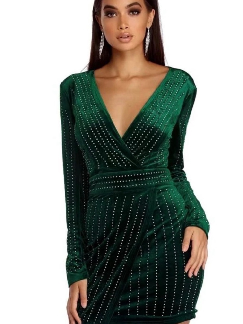 Windsor Emerald Green Velvet Long Sleeve Wrap Dress with Studs